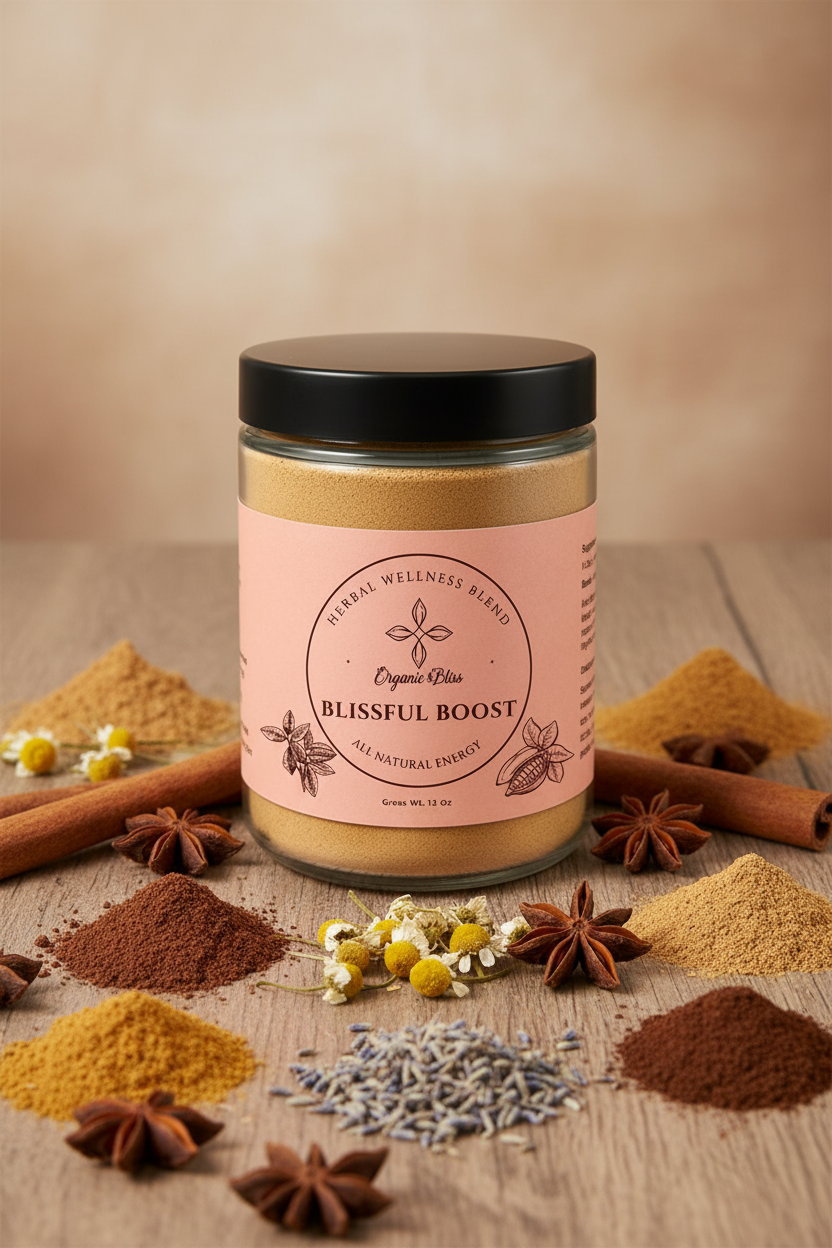 Blissful Boost Medicinal Herbal Powder Blend | Organic Wellness Tea & Botanical Blend by Organic Bliss Wellness surrounded by herbs and spices