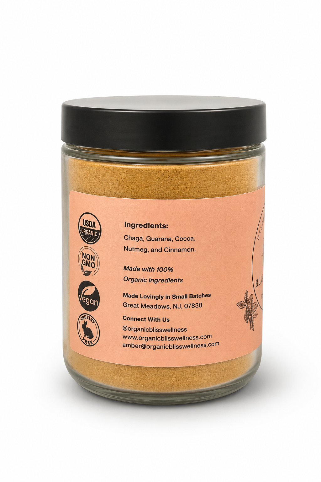 Blissful Boost Medicinal Herbal Powder Blend | Organic Wellness Tea & Botanical Blend Ingredient side reading - guarana powder, cacao powder, chaga mushroom powder, Nutmeg, and Cinnamon