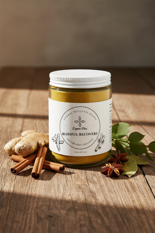 Blissful Recovery Herbal Medicinal Powder Blend | Organic Wellness Teas & Botanical Blends Front Display by Organic Bliss Wellness surrounded by cinnamon, ginger and herbs