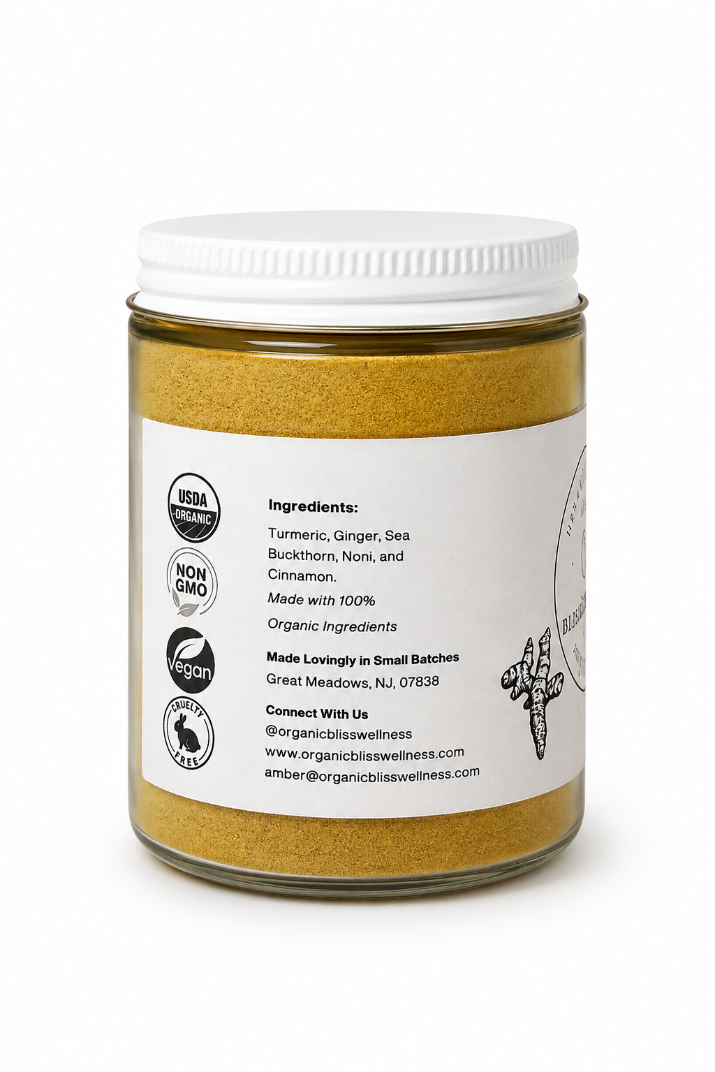 Blissful Recovery Herbal Medicinal Powder Blend | Organic Wellness Teas & Botanical Blends Ingredient Side View reading - Turmeric, Ginger, Sea Buckthorn, Noni and Cinnamon