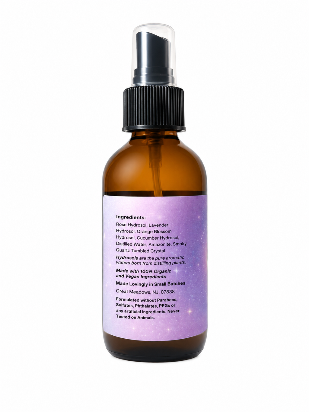 Moon Flower Bliss Mist Body | Natural Aura Clearing Spray Ingredient Side View Reading - Rose, Lavender, Orange Blossom, Cucumber, Distilled Water, Amazonite, Smoky Quartz Tumbled Crystal.