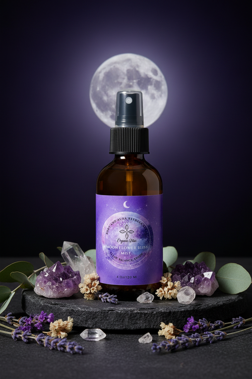 Moon Flower Bliss Mist Body | Natural Aura Clearing Spray with full moon in the background and a sacred table around it.