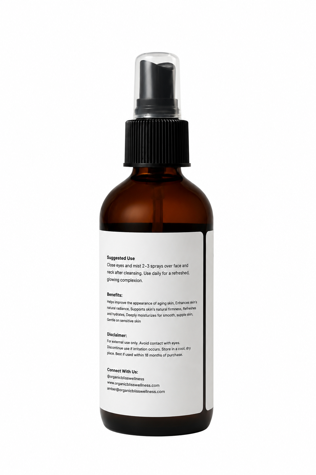 Rose Gold Glow Hydrating Facial Mist Display Suggested Use and Benefits Side by Organic Bliss Wellness