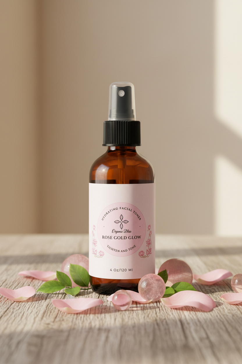 Rose Gold Glow Hydrating Facial Mist front with holistic background with Organic Bliss Wellness