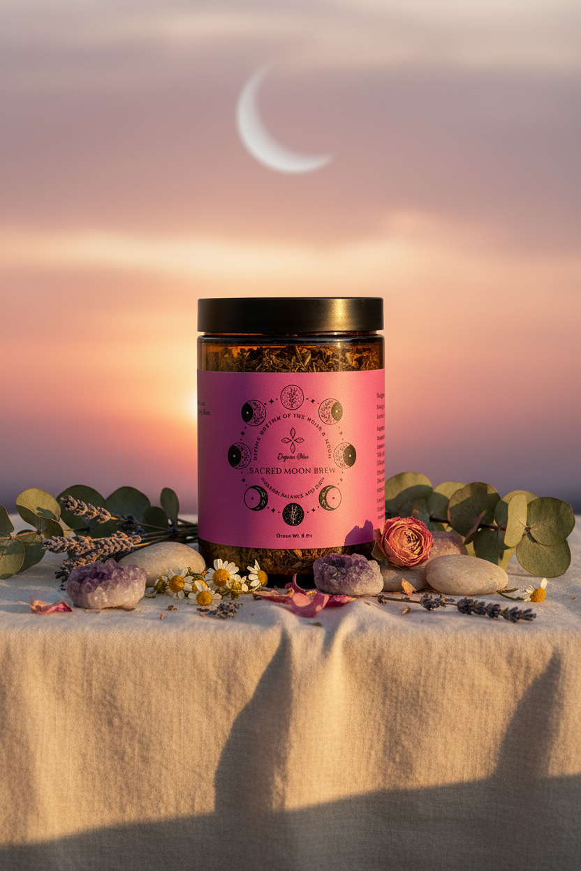 Sacred Moon Brew Loose Leaf Herbal Tea for Hormonal Imbalance Front with moon, flowers and stones
