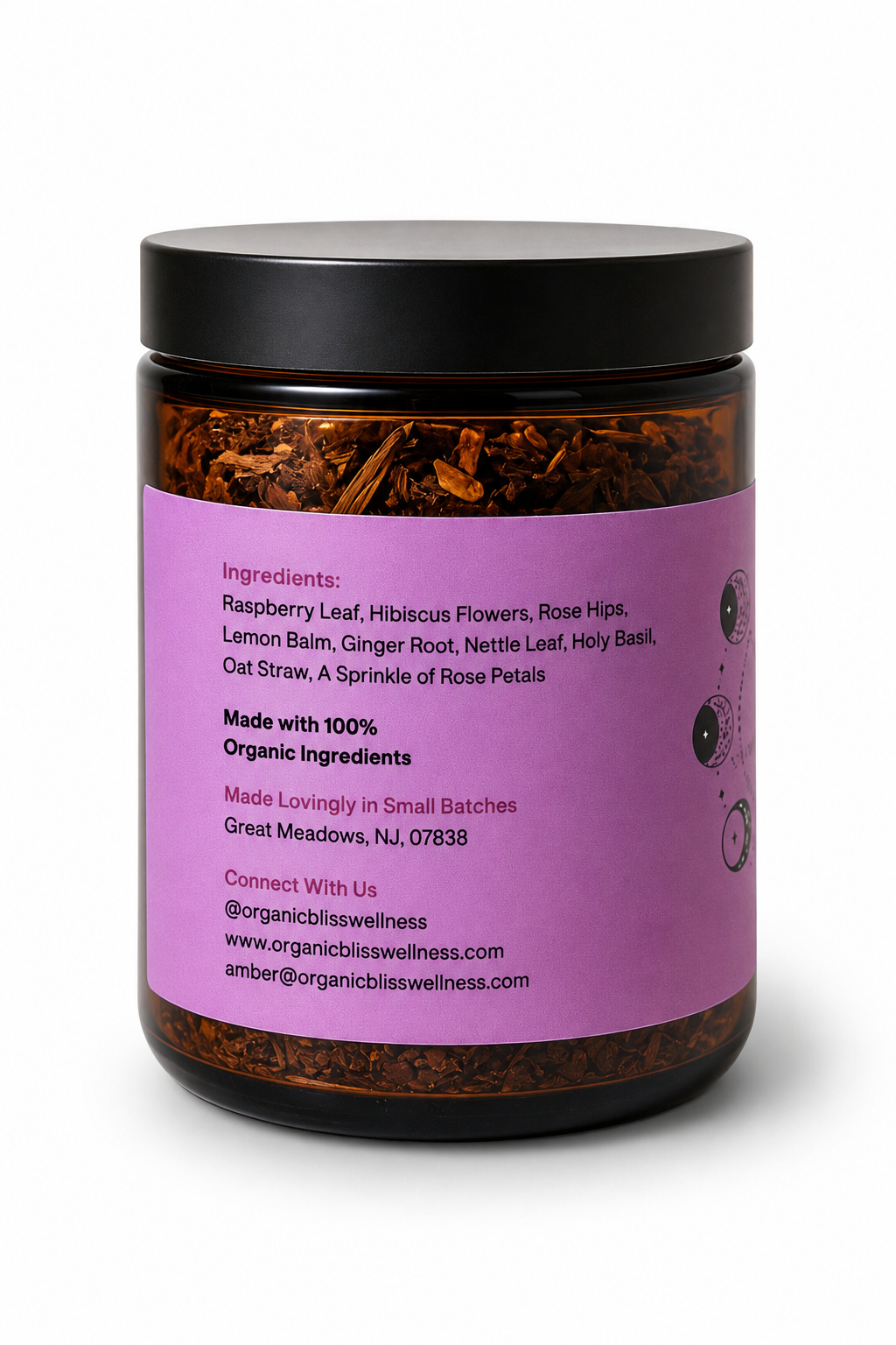 Sacred Moon Brew Loose Leaf Herbal Tea for Hormonal Imbalance Ingredient Side reading - Raspberry Leaf, Hibiscus Flowers, Rose Hips, Lemon Balm, Ginger Root, Nettle Leaf, Holy Basil, Oat Straw, a Sprinkle of Rose Petals